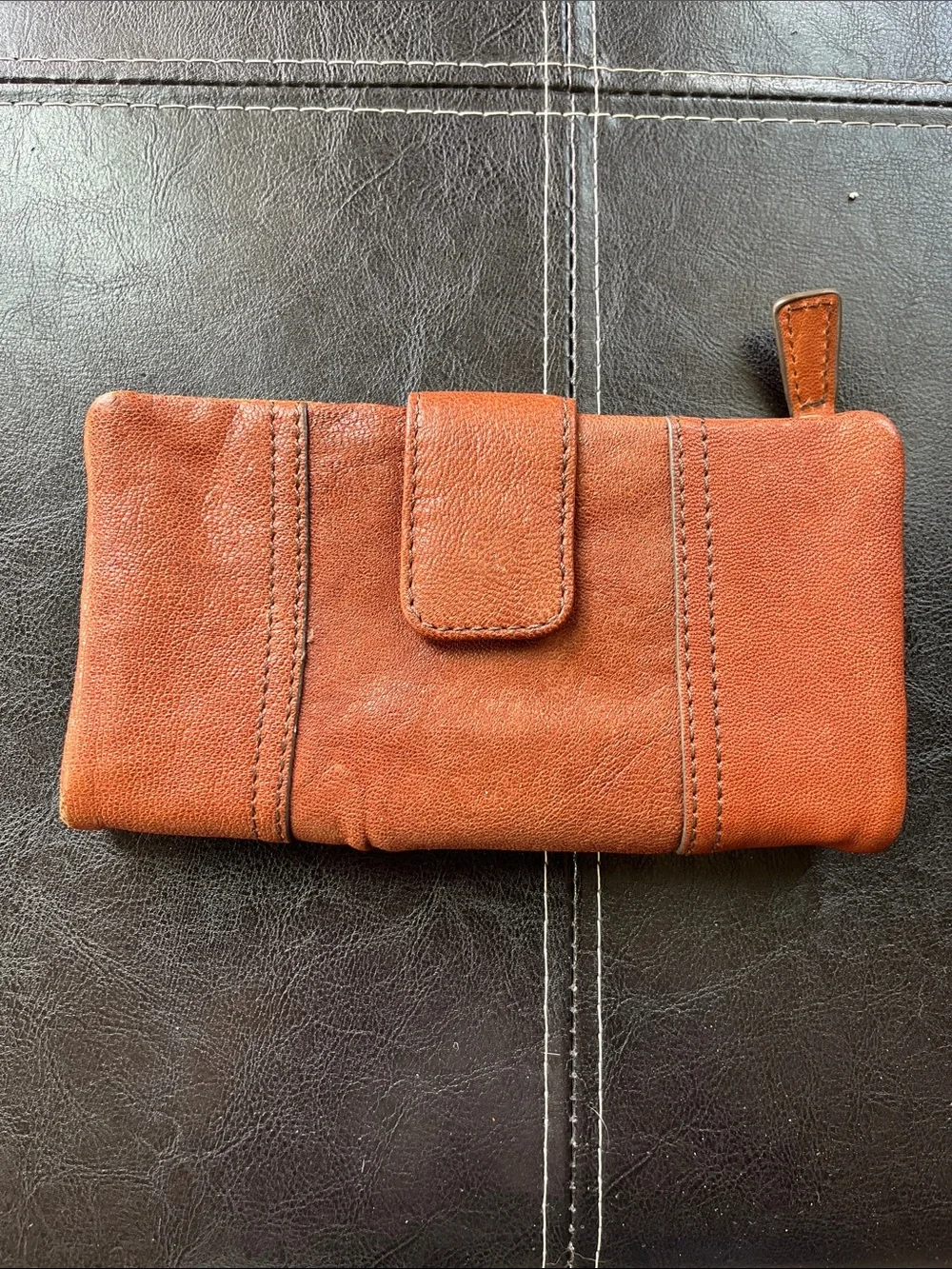 Fossil Leather Clutch Wristlet in Distressed Cognac Brown with Gold Plate